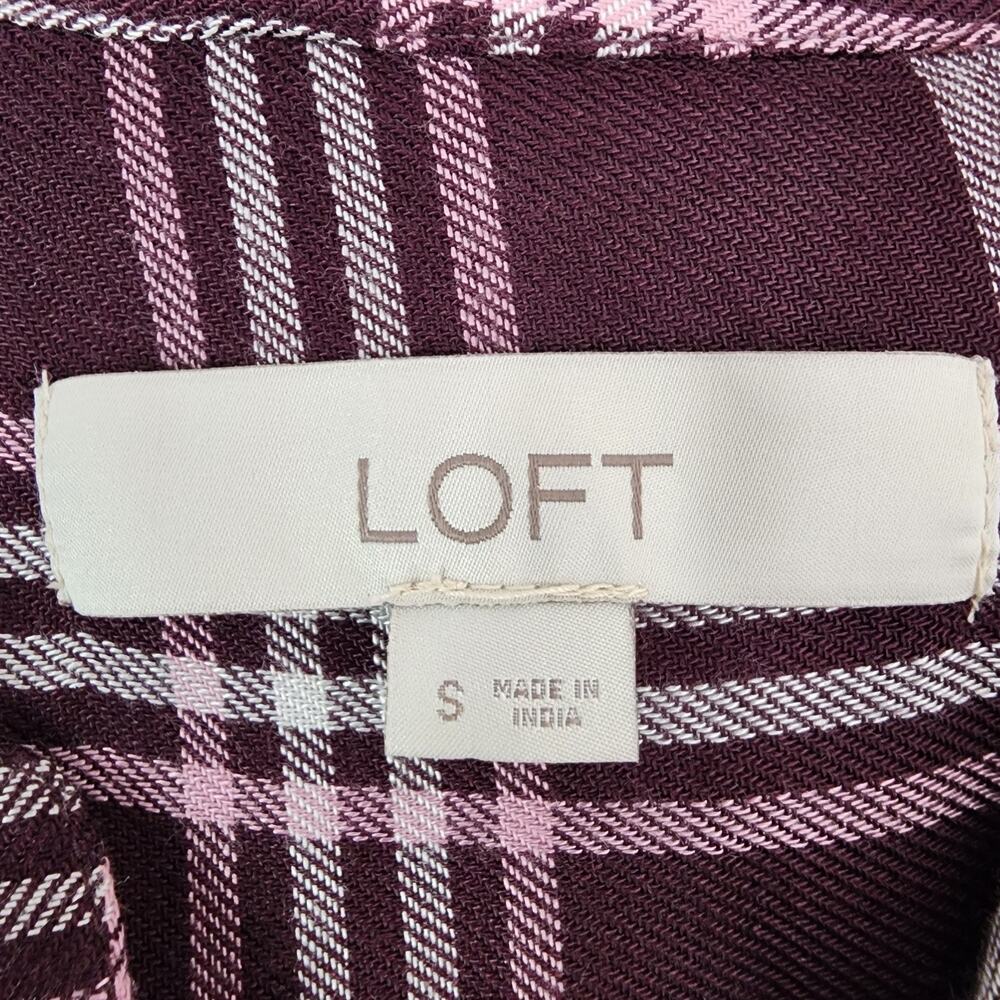 LOFT Womens Plaid Henley Popover Blouse Tunic Plum Purple Small Shimmer Relaxed - Picture 8 of 10
